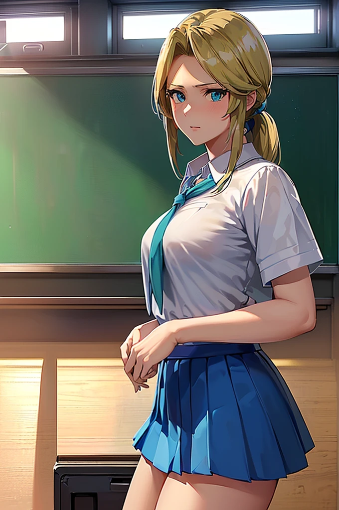 (masterpiece:1.2, highest quality), (realistic, photorealistic:1.4), beautiful illustrations, (natural side lighting, movie lighting), Depth of written boundary,
looking at the viewer, (face focus, Upper body), Front view, full body figure,full body, 1 girl, English, high school girl, , perfect face, Cute symmetrical face, shiny skin,
(((ponytail:1.7,blonde))), asymmetrical bangs, Big eyes, droopy eyes, long eyelashes chest), thin,
beautiful hair, beautiful face, fine and beautiful eyes, beautiful clavicle, beautiful body, beautiful breasts, beautiful thighs, beautiful feet, beautiful fingers,
((fine fabric texture, sailor moon, Sleeveless white collar shirt, White pleated skirt, Navy bow tie)),
(beautiful scenery), evening, (In front of the blackboard in the classroom), Are standing, (smile, Upper grade, open your mouth), (((skirt lift, No panties, genitals visible))),(((ponytail:1.7,blonde))),