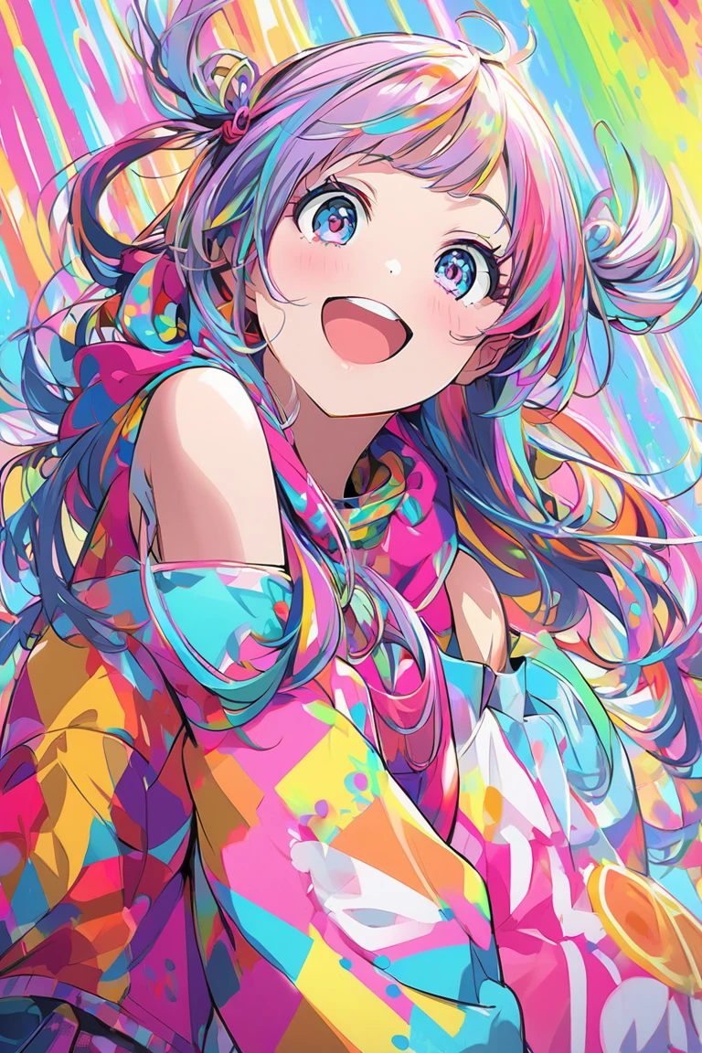 (masterpiece, Highest quality, Official Art:1.2), (colorful), Perfect Anatomy, Looking at the audience, One Girl, alone, White Background, floating colorful water, Ultra-fine illustrations, highly detailed, Dynamic Angle, beautiful detailed, 8K, break smiling amidst the colorful scenes, (Highest quality, masterpiece, High resolution, detailed), Anime Style, (Shining Eyes, detailed美しい顔), break,Dynamic Angle, Whole body shot, pastel colour, Vector illustration