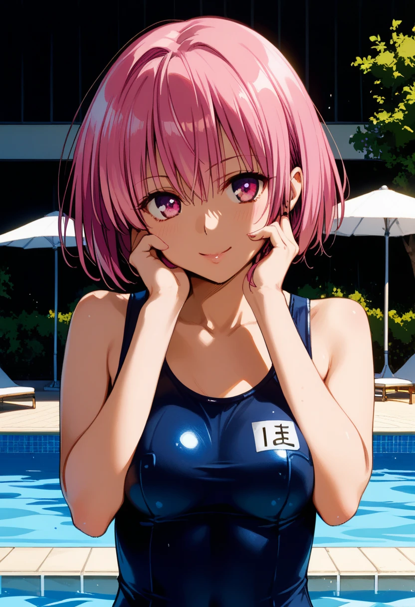 masterpiece, best quality, Yabuki Sentaro , To Loveる,  score_9,  score_8_up,  score_7_up BREAK momo velia deviluke,  pink eyes, Pink Hair,  Short Hair , medium breast,  school swimsuit,  viewers, Pool、 smiles lightly, upper body, masterpiece,  best quality,  Very Refined,  absurd, Straight,(hands on own cheeks)