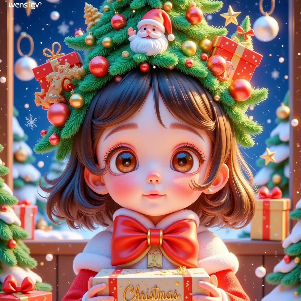 stamps：一个美丽的戴着Christmas tree帽子的女孩在圣诞信前拿着精美的礼物 ，(((The box says Christmas glows )))。 Hair is decorated with gifts +Christmas tree+Hut+Gingerbread Man+Bow。Short hair，  beautiful face， skin details ，Finding an audience，In a cozy room。Official illustrations，cute，interesting