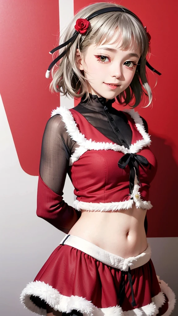 (((solo))), 1 woman, Sakuya Kurobane, sakuyaunif, kurobane_sakuya, short hair, grey hair, black hairband, blue hair flower, brown eyes, red eyeliner, chest, blush, smile, (upper body), santa claus