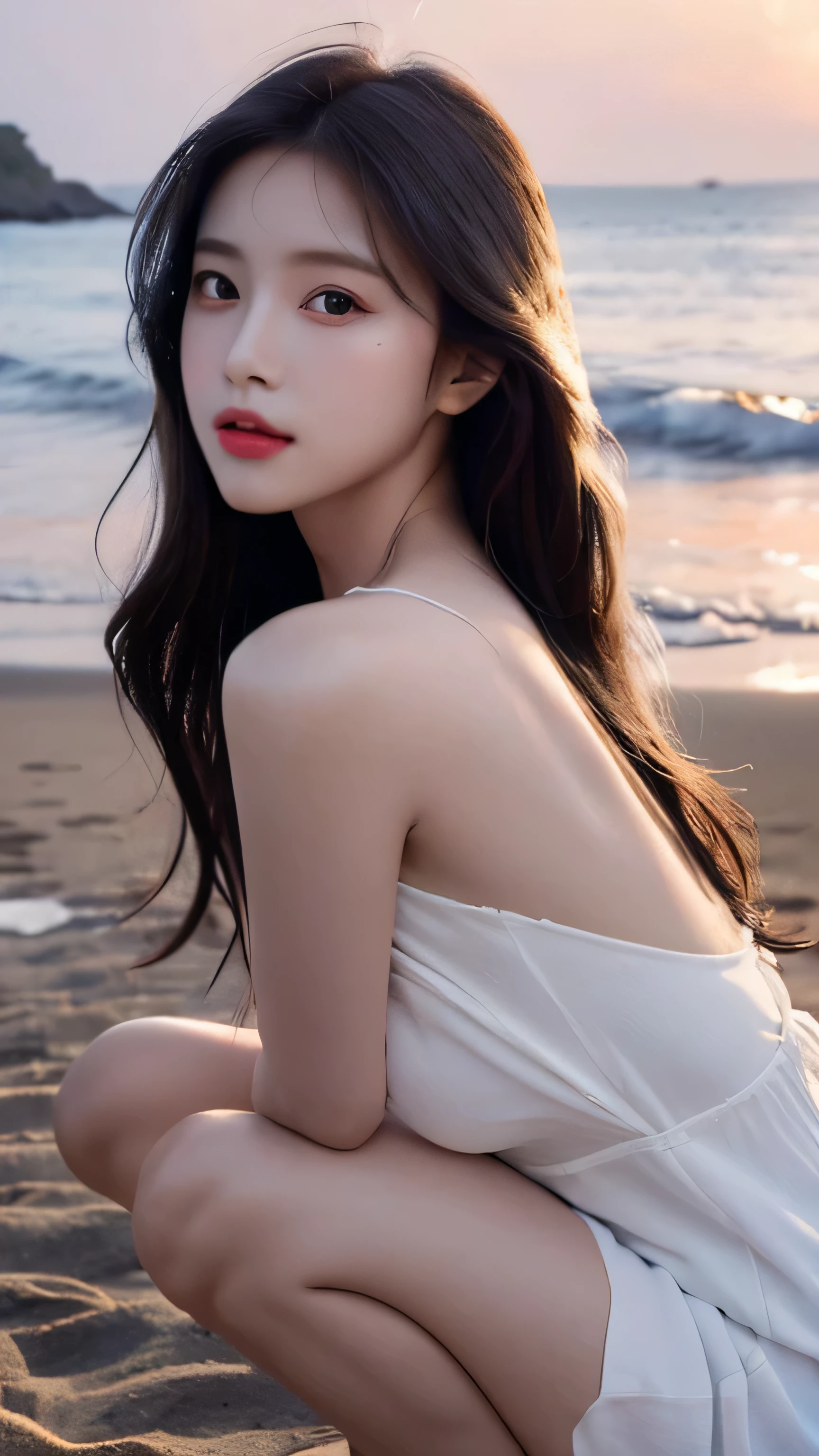 Create a high-quality, hyper-realistic portrait of a very beautiful Japanese idol. She is wearing a clean white summer dress and is squatting on the beach during sunset at sea. The deep indigo of the night sky contrasts with the last vestiges of crimson near the horizon, with swaying waves in the background. The girl has semi-long hair and a slender body with small breasts. The photo should capture her with detailed eyes, a detailed face, and a beautiful, sophisticated nose. The image should have a realistic, delicate, and finely detailed quality, suitable for a fashion magazine cover. Use cinema lighting and soft light to enhance her features. Ensure the photo is of the highest quality, with a resolution of 8K, making it perfect for a 2K wallpaper.