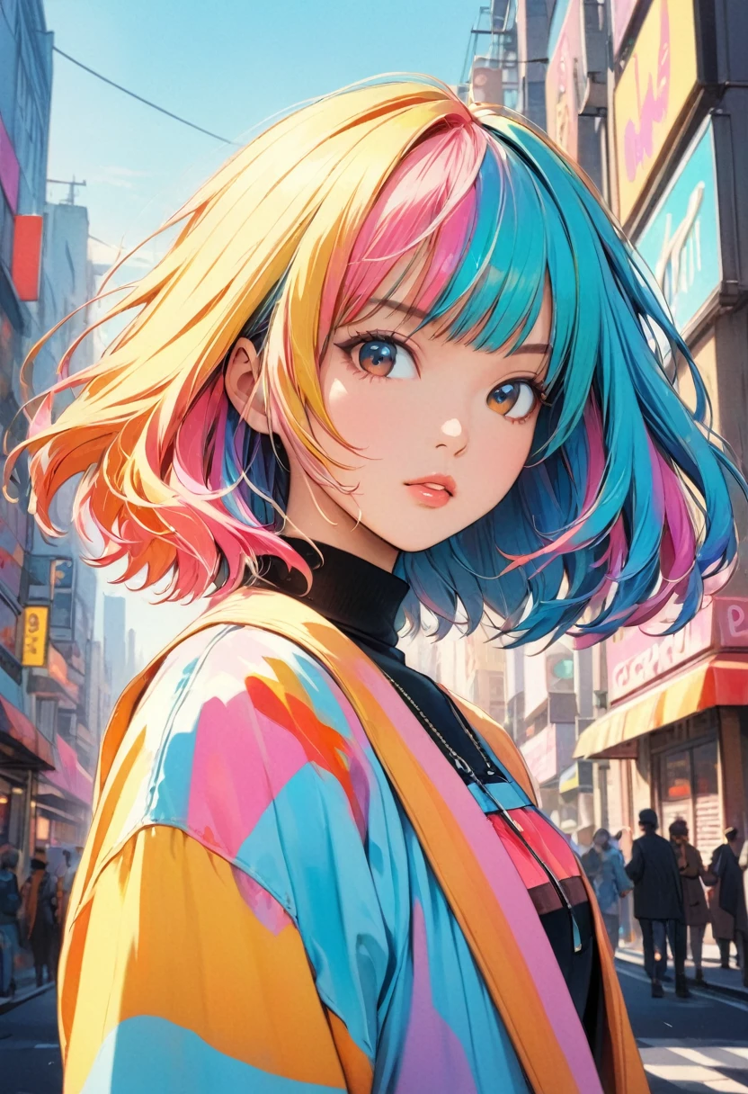 ( best quality:1.2,  city pop style,  Very detailed, Latest,  vibrant ,  high contrast , masterpiece:1.2,  best quality,  best aesthetics),  girl, (( frontal upshot :1.4)),  colorful hair,  bob cut from the front,  pastel colors,  1980s Style , ((Retro,  vintage, Plain background))