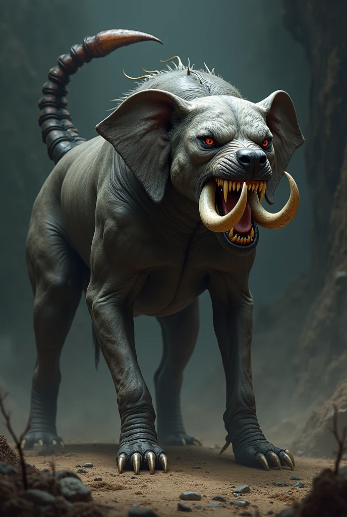 Bloody fusion of dog and elephant realistic image fully muscular