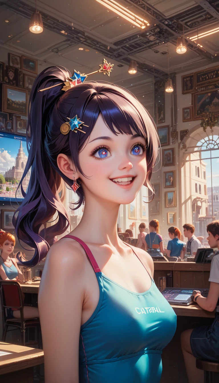  high res, masterpiece, top quality,  super detailed, ( careful eyes), ( detailed facial ), 1 Girl, Highest detail,  Flat Breasts,  (Central:1.4), Light,  High Contrast,  colorful ,room_Idol, ( ponytail:1.2),( happy :0.8), and watch the audience, upper body,(Hairpin:1.2)