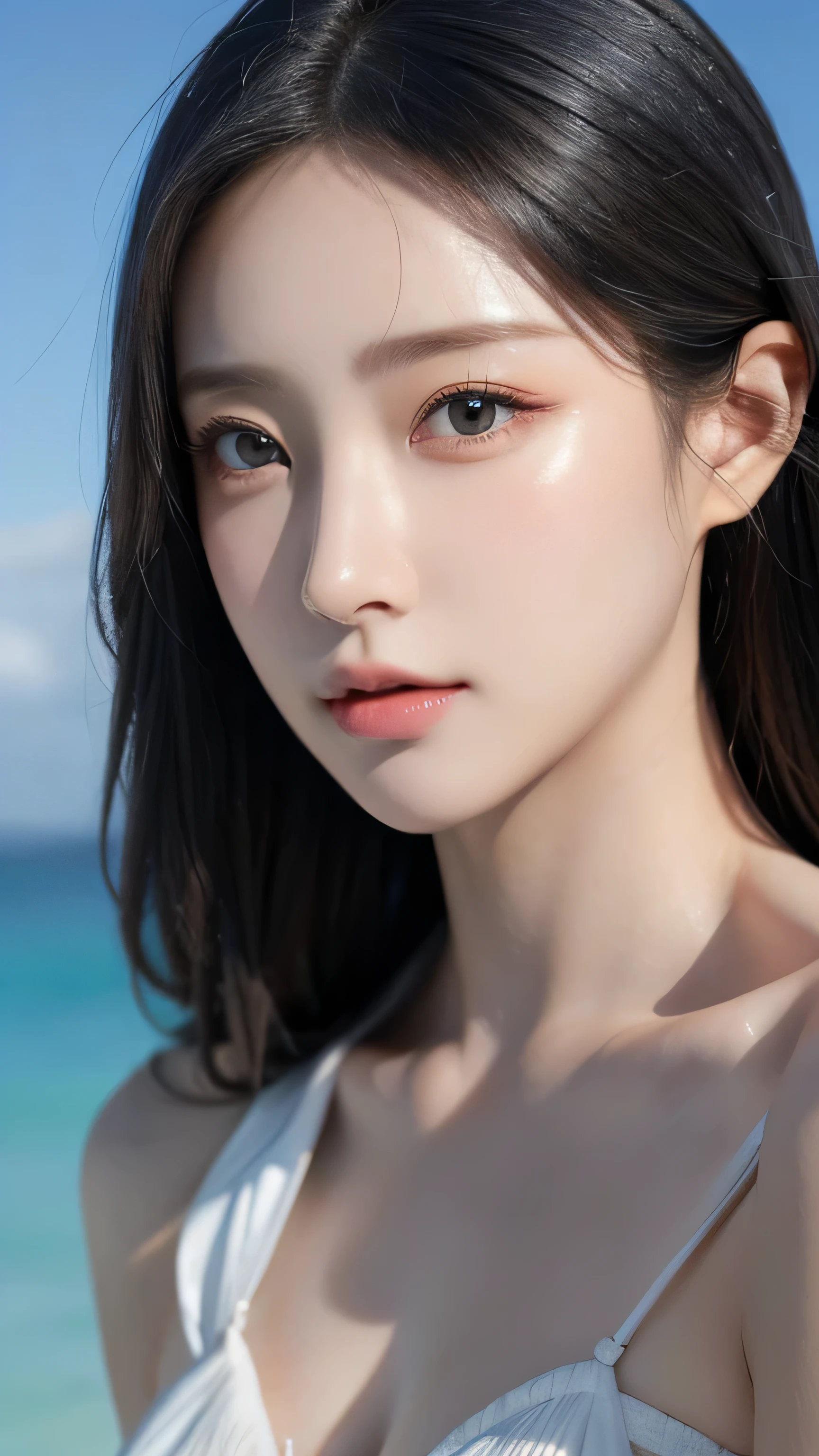 One girl, High resolution, high quality, Textured skin, Ultra high definition, Very detailed, 最high quality, 3D Rendering, realism, Surrealism, Heavy makeup、High nose、Beauty、Clear eyes and nose、Japanese、30 years old、Woman looking at the sea