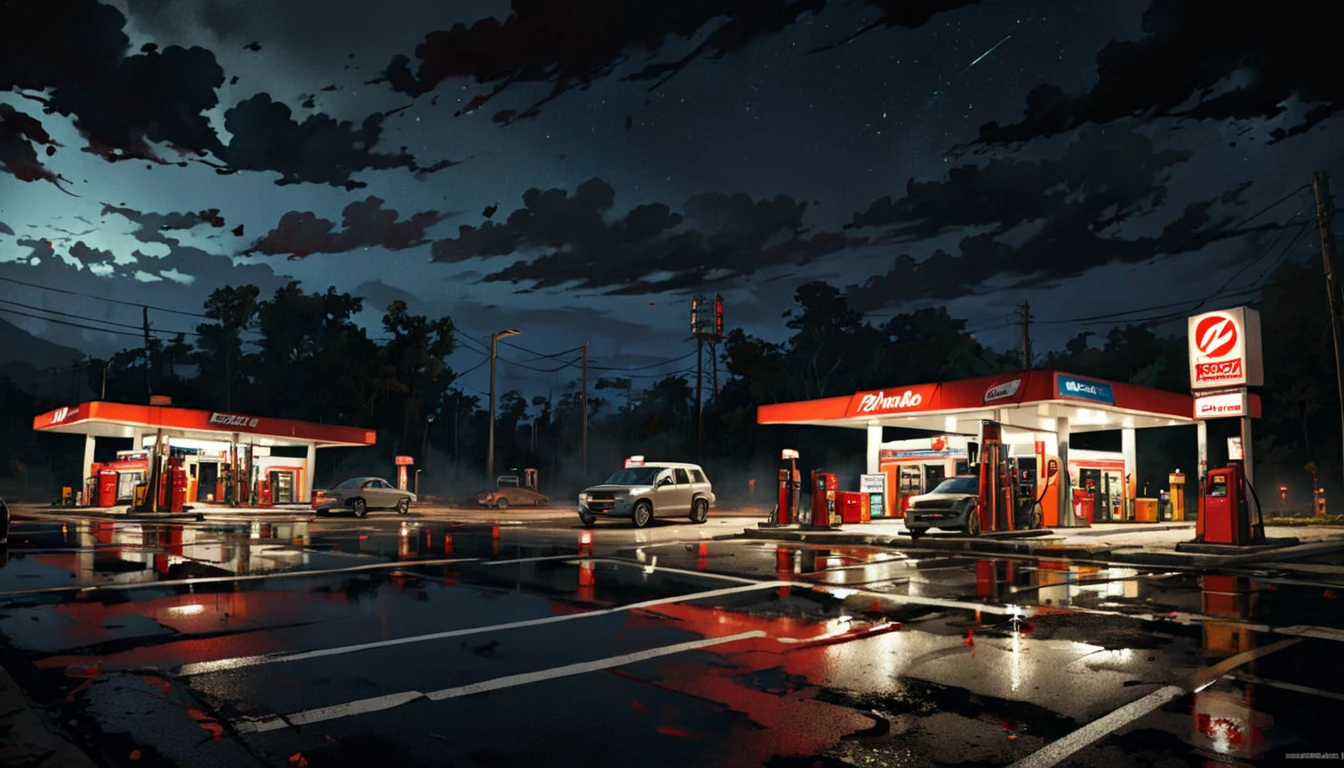 Gasoline station, In the middle of the road, night time, bloody, zombies, near the gas, dark skies