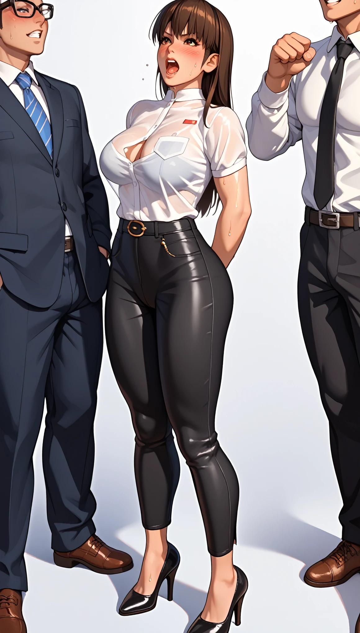 LeiFangDOA, gasp, 1 girl and 2 male, standing, {{{open legs}}}, {{backing away}}, {{{{{a male’s face between legs}}}}}, glossy black pants, a see through white business shirt, arms behind back, {{arching the body backward}}, {{{swayback stance}}}, office lady, be breathless, sweat, sparkling sweat, trembling, long brown straight hair, breasts, [[angry]], blush, {anguish}, {{shameful}}