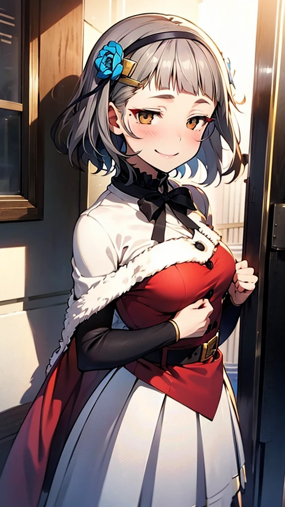 (((solo))), 1 woman, Sakuya Kurobane, sakuyaunif, kurobane_sakuya, short hair, grey hair, black hairband, blue hair flower, brown eyes, red eyeliner, chest, blush, smile, (upper body), santa claus