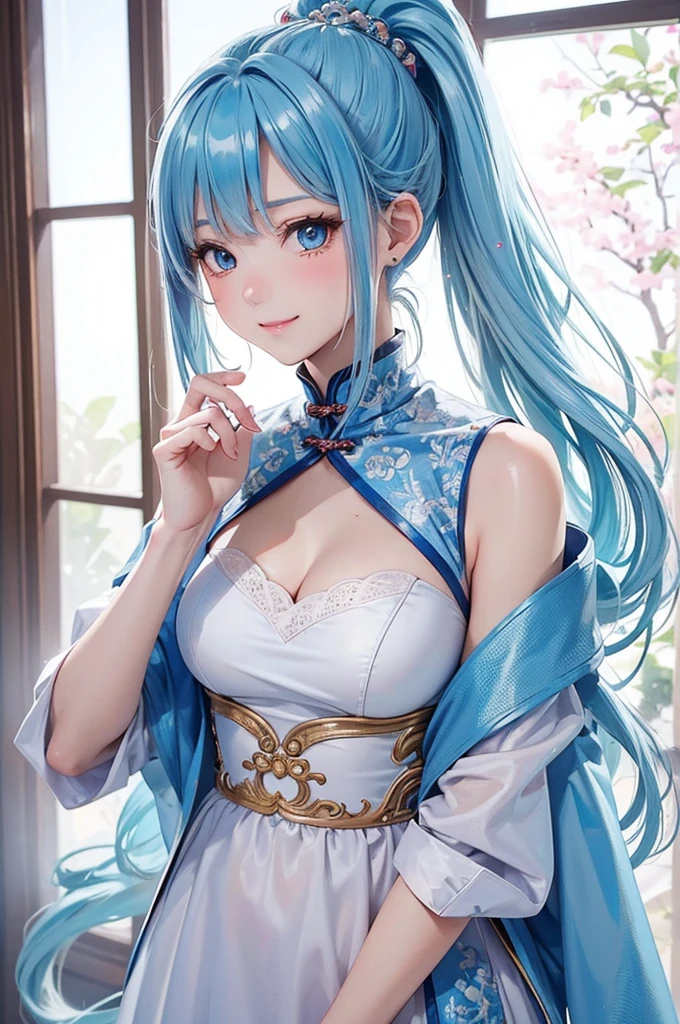 (masterpiece), (highest quality), (Super detailed),(Dish-shaped hair),(figure), (One girl), (Fashionable clothes), Are standing, Fashion Model, View your viewers, (interview), (Simple Background), Beautiful fine details, delicate beauty, floating, (High saturation), (Colorful Splash), Colorful bubbles, (Shine), Focus on the face, ponytail, Ayaka Kamisato, Light blue hair, bangs, Scrunchie, floating flowers, Flowing Hair, (Shiny), Best lighting, Best Shadow, Perfect hands