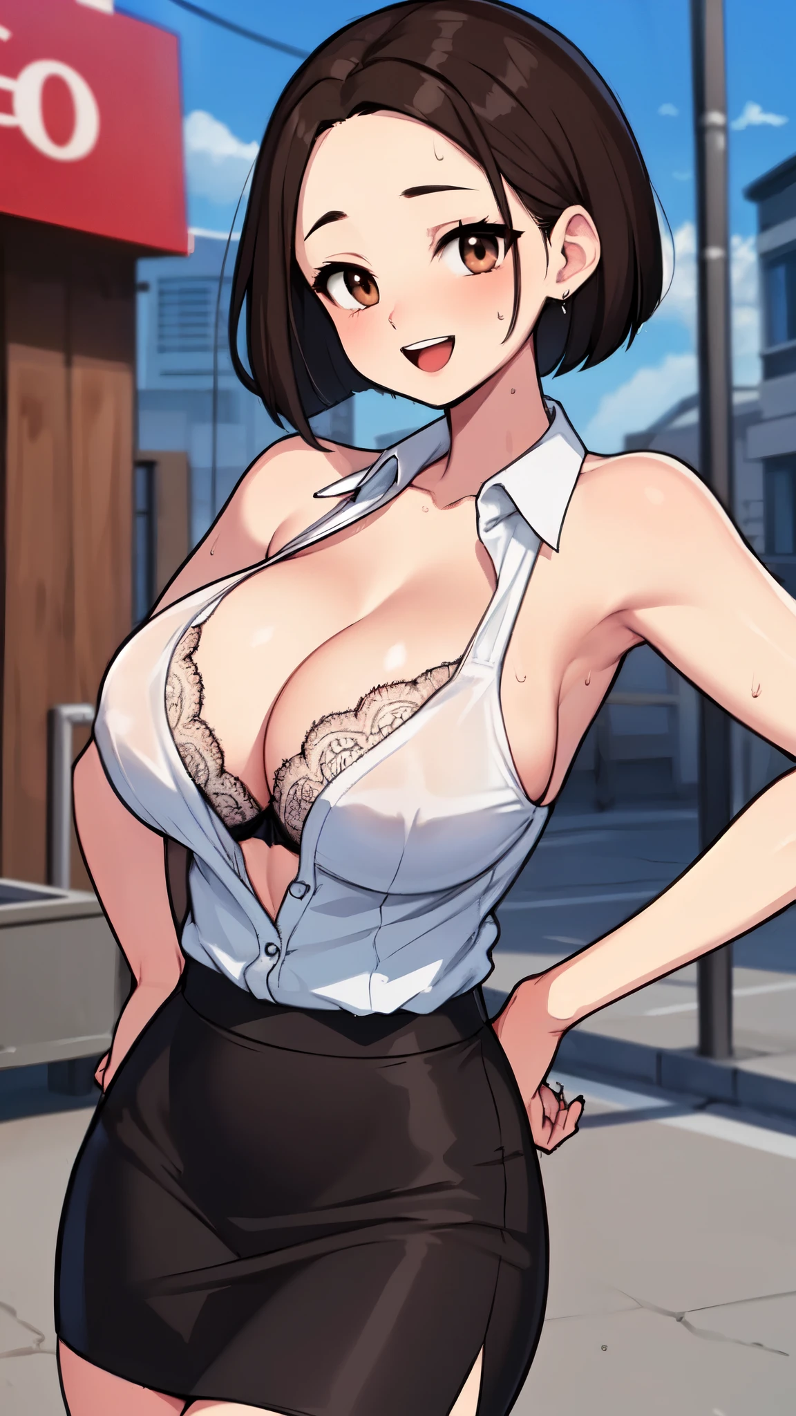 ( perfect body for a lawn), best quality,( 8K Portrait ),( Official Art)、(:d:1.5)、 office lady holding kittens、((hot、vapor、Hands on hips、Armpits、sweat))、(((Big Breasts)))、( brown hair、 Brown Eyes )、(( recruitment suit、 open shirt 、 cleavage、Light blue lace bra、 white shirt for one woman、black pencil skirt))、(Forehead:1.4)、( split bangs、 bob cut from the front)、(( bob cut from the front、 Short Bang ))、(Around town)