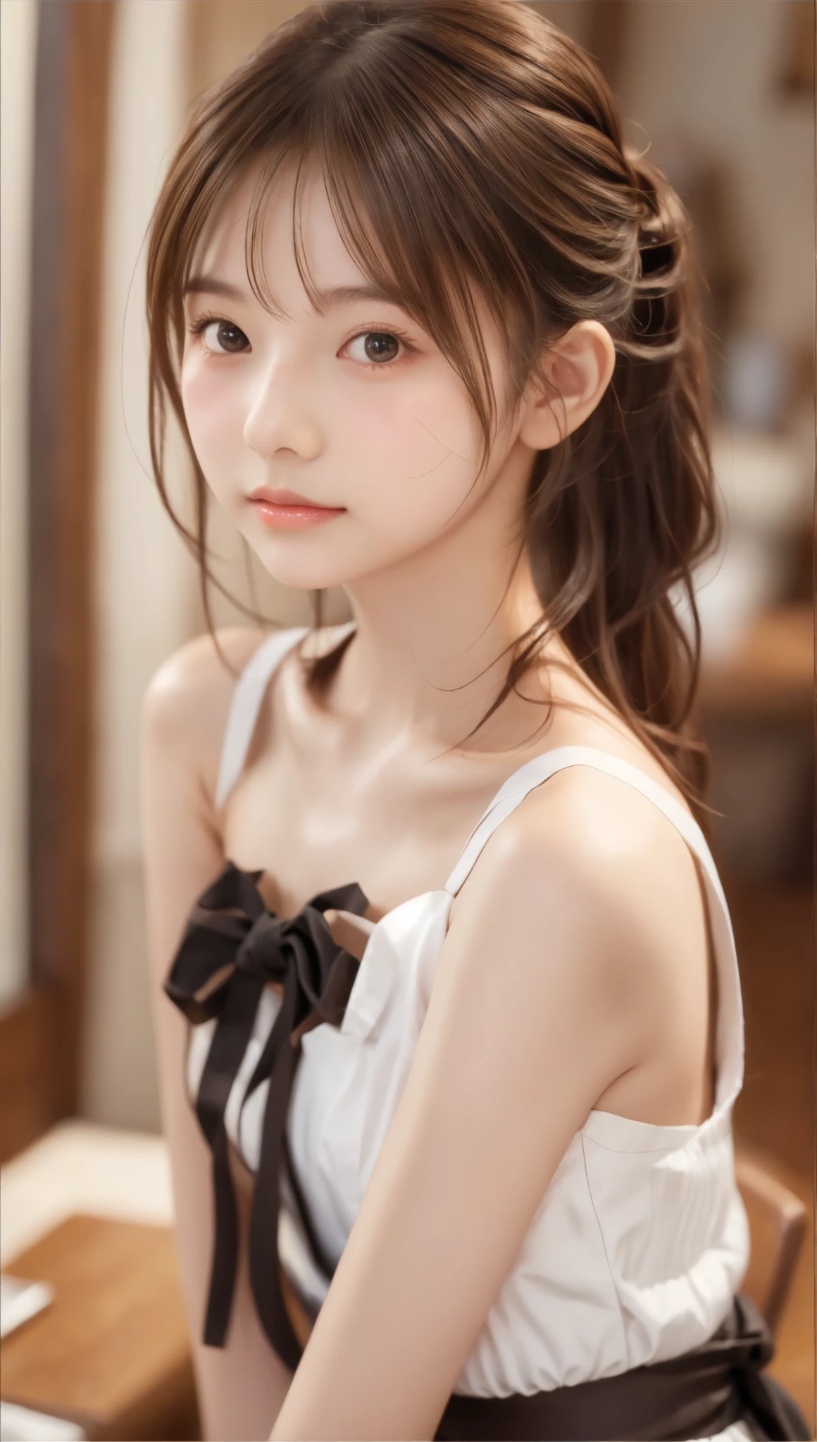 Maid, chignon hair,brown hair,slender body,cute pretty girl