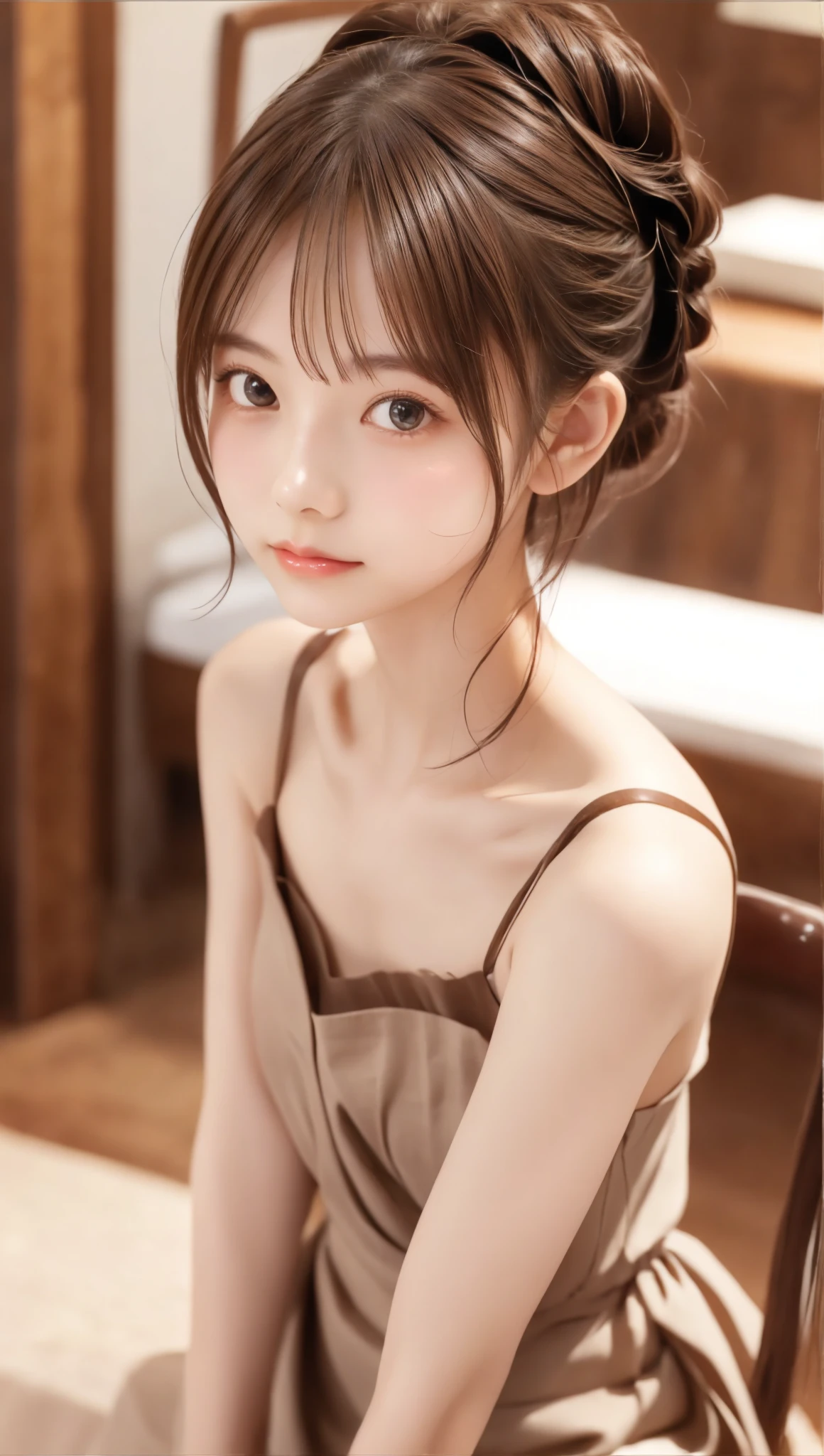 Maid, chignon hair,brown hair,slender body,cute pretty girl