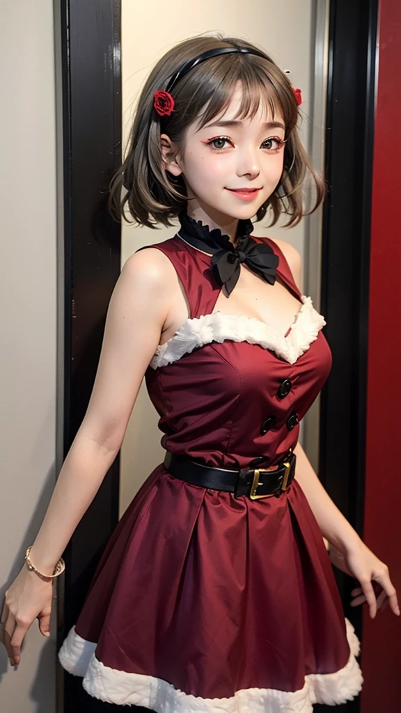 (((solo))), 1 woman, Sakuya Kurobane, sakuyaunif, kurobane_sakuya, short hair, grey hair, black hairband, blue hair flower, brown eyes, red eyeliner, chest, blush, smile, (upper body), santa claus