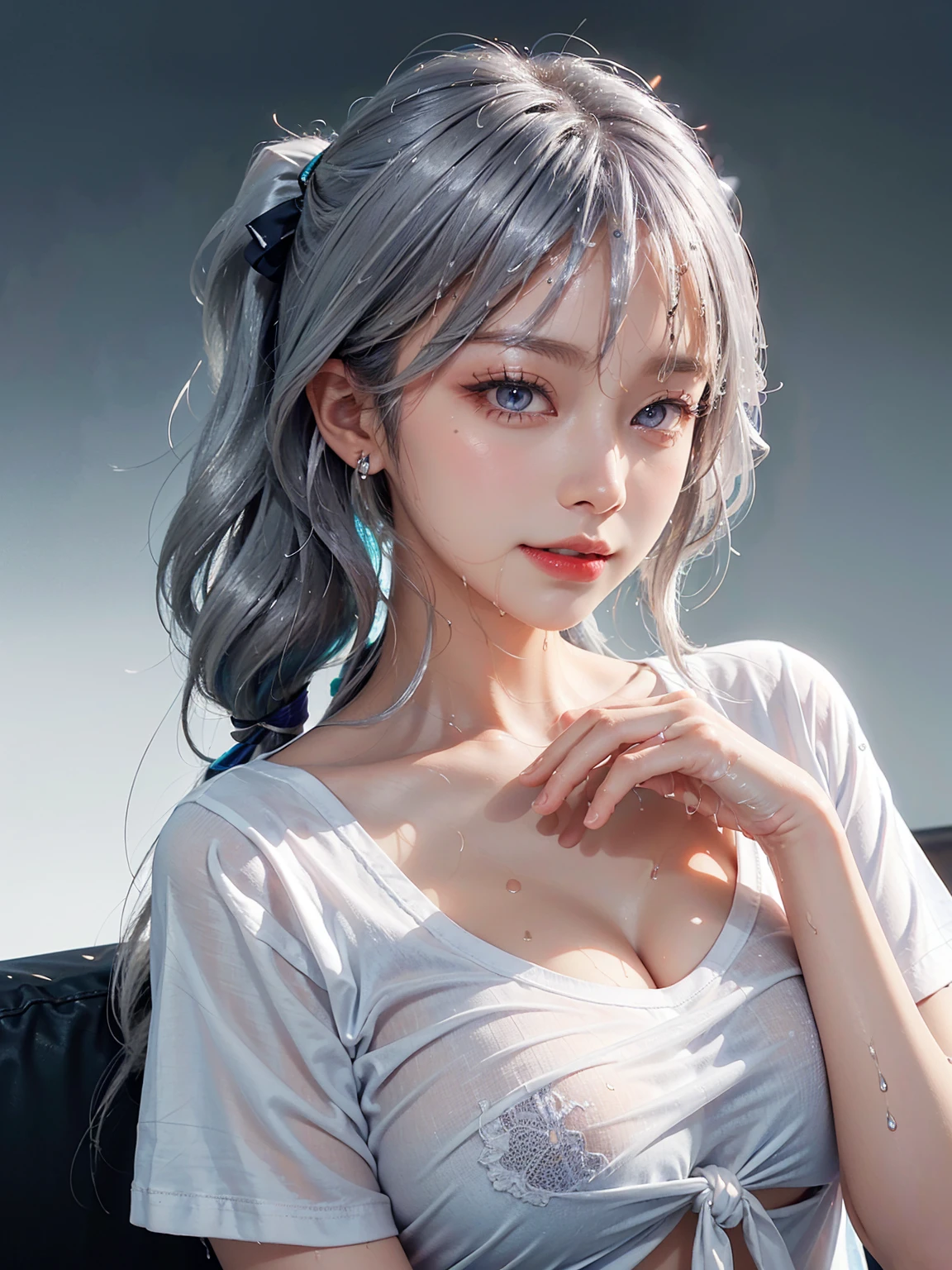 (Photorealistic:1.8, highest quality:1.8,8K masterpiece:1.8,High resolution,Mastepiece:1.8,RAW Photos,Cinematic lighting),No split screen、morning、old coffee shop、Window、(A 23-year-old female store clerk carrying coffee:1.5)、(Soryu Asuka Langley)、Top view、 (choker、Medium chest、Beautiful breasts、White Shirt、Denim shorts、Beautiful ass、Beautiful thighs、Plump nipples、Cutting-edge fashion)、 Shortcuts、(Beautiful, shiny, blue-brown-white hair:1.5)、Sparkling Blue Eyes、Fine Lines、Say Yes、smile