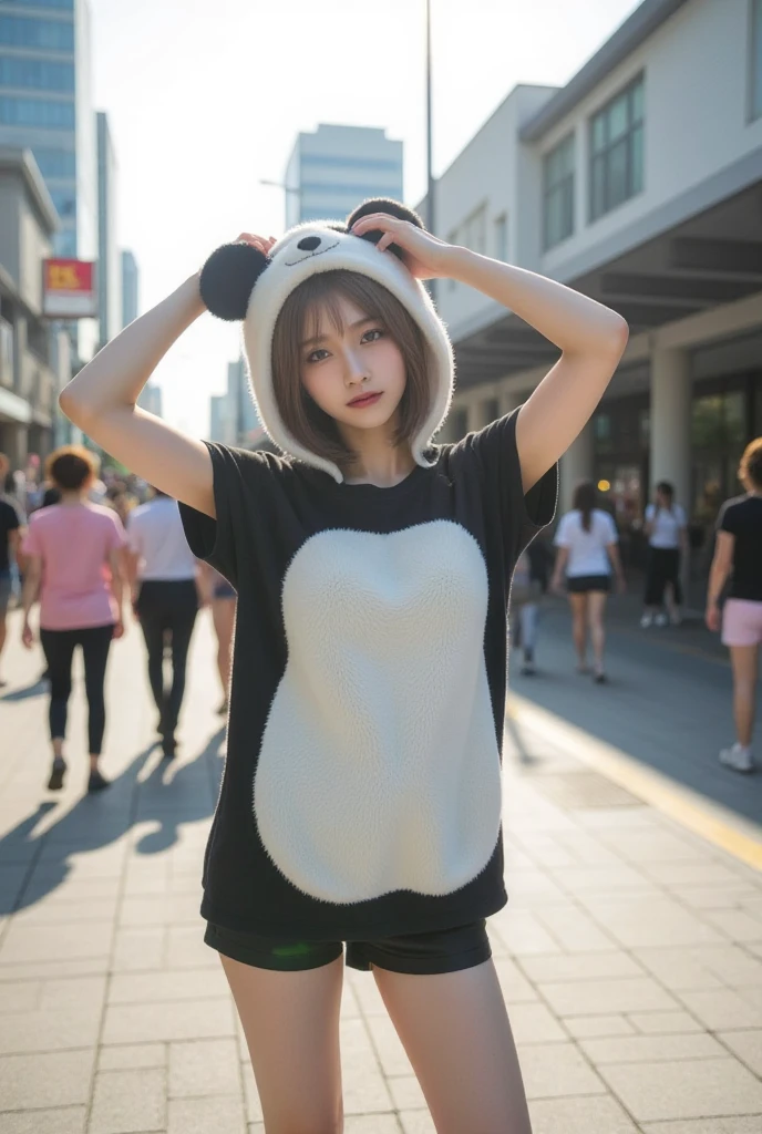  perfect composition of drapes , Proper placement, Golden Ratio, masterpiece,  best quality, Front View:1.331, Above the knee shot, Pose with arms raised, arm heart pose:1.5,  dramatic , Cinematic ,  Japanese woman looking at viewers ,  posing as a panda :1.331, A cute fluffy panda , black and white outfit, sunlight ,  medium hair :1.21,  brown hair,  anatomically correct ratio ,  has a small head, In the downtown area, Event Venues, Lots of visitors ,  Backlight ,  emotional and dynamic lighting,  Expression of Extraordinary Beauty , 