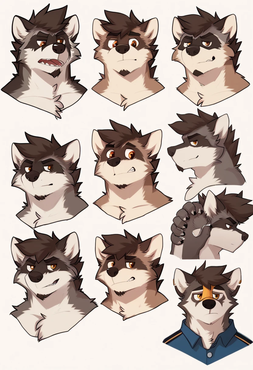 (great quality), lobo, Wolf nose ,  Body, hands,  pectorals defined, eyes verdes, eyes ,  short hair,  brown fur  , ((Expressions of practice)), por pache riggs