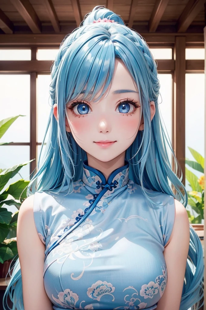 Masterpiece, Best Quality, Official Art, 8k Wallpaper, Very Detailed, Illustration, 1 Girl, Sky Blue Hair, Long Hair, Detailed Eyes, Forrest Gump, Bare Shoulders, Hanfu, Lake, Pure, Soft Smile, bamboo, tea