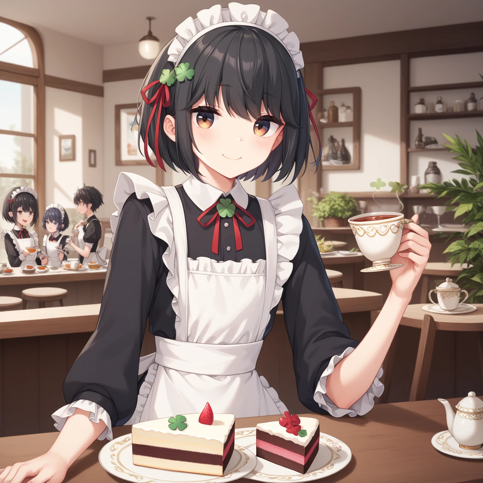  (8k), (  very detailed), (   best illustration   ), Cafe。   maid outfit 。. flat chested。 Short Hair 。  big red ribbon barrette。Four leaf clover in hair 。adult。 black hair。Shima Rin, cake。Four leaf clover in hair。 Short Hair 。Black tea。 drinking wine 。Being drunk。smile。