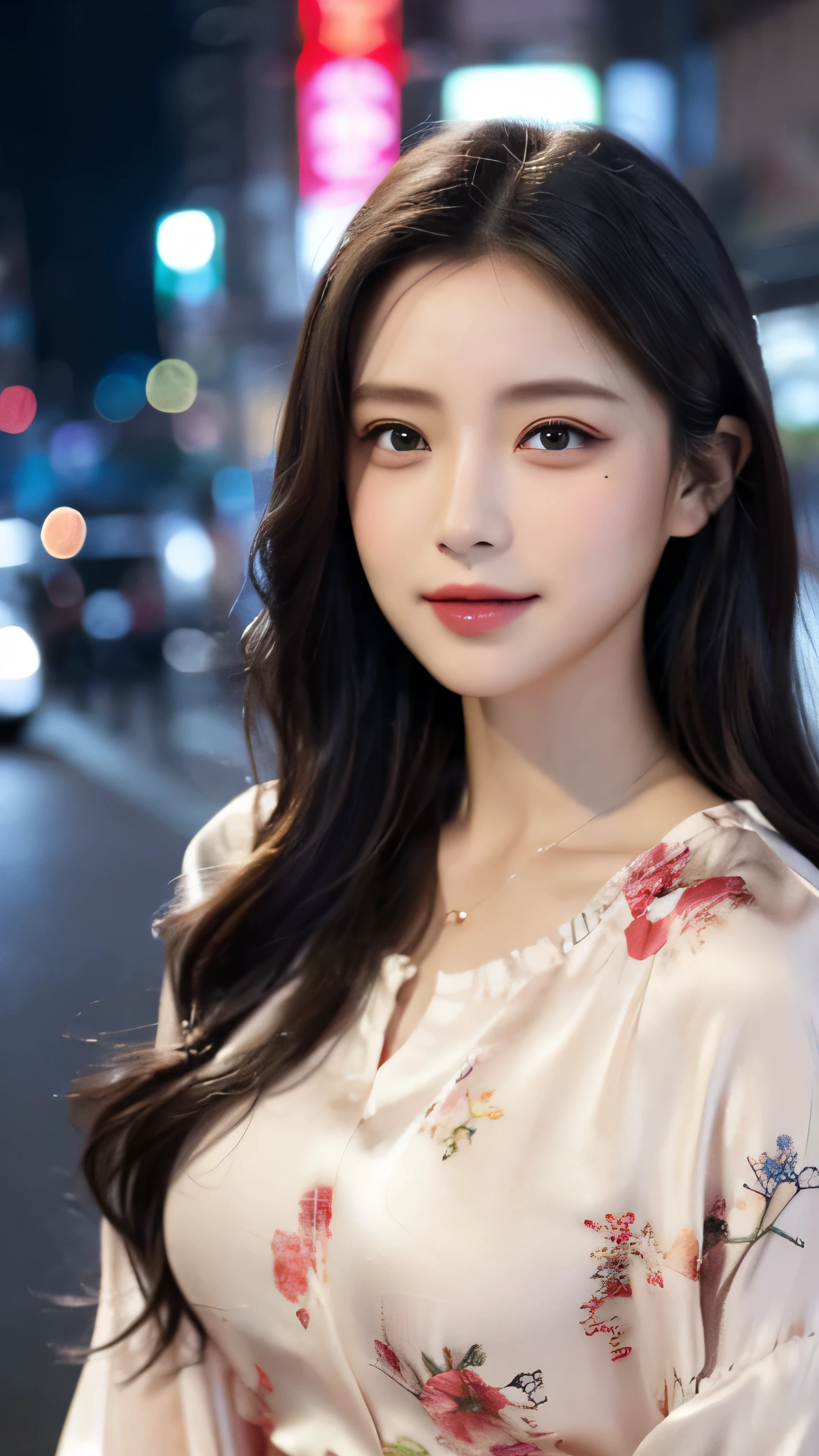 1womanl、hyperdetailed face、Detailed lips、A detailed eye、 double eyelids、ssmile、Colorful silk blouse、large full breasts、The upper part of the body、a closeup、Ginza Street in Tokyo、early evening、A city scape、depth of fields、8k、Raw photography、top-quality、​masterpiece、realistic、Photorealistic、