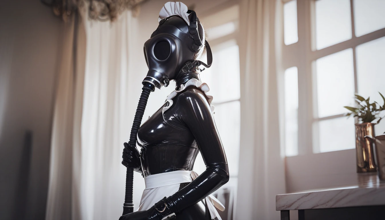 Sexy Latex Servant maid. Shiny White Latex Apron. The gas mask, with black lenses, no eyes. is a very thin with small breasts. with very thick steam.