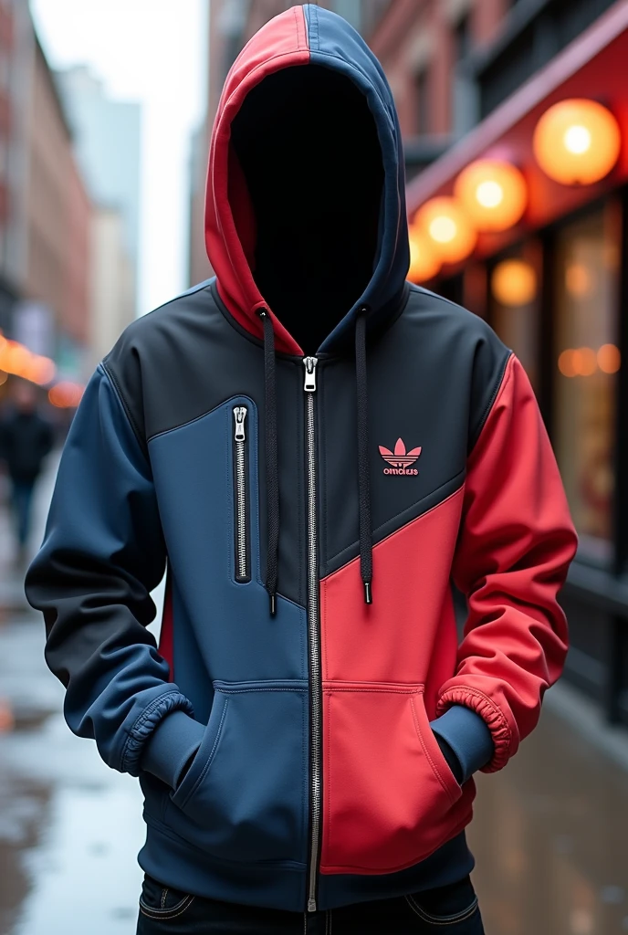 Sky blue and red teenager espaiderman With a sweatshirt that has a cap, with black gloves with a white circle on the palm of the hand , (that has a mask)