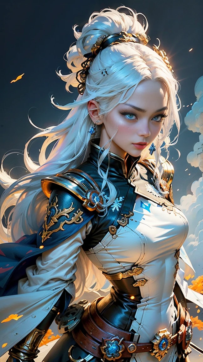 Official Art, Unity 8k Wallpaper, Ultra Detail, Masterpiece, Best Quality, One Woman, (Very Detail), Dynamic Angle, Mystical Expression, Fire Glowing Effect, Fantasy Background, Rim Lighting, Side Light, Cinematic Light, Ultra High Definition, 8k UHD, Film Grain,Best Shadow, Delicate, RAW, Light Particles, Detailed Skin Texture, Detailed Glowing Gem Armor Texture, Detailed Face, Complex detail, super detailed, bright, strong, gold and red armor, cleavage, has glowing weapons, has a shield, pole dron, (((white hair)), glowing brown eyes, blue cloak, fantasy, (realistic),