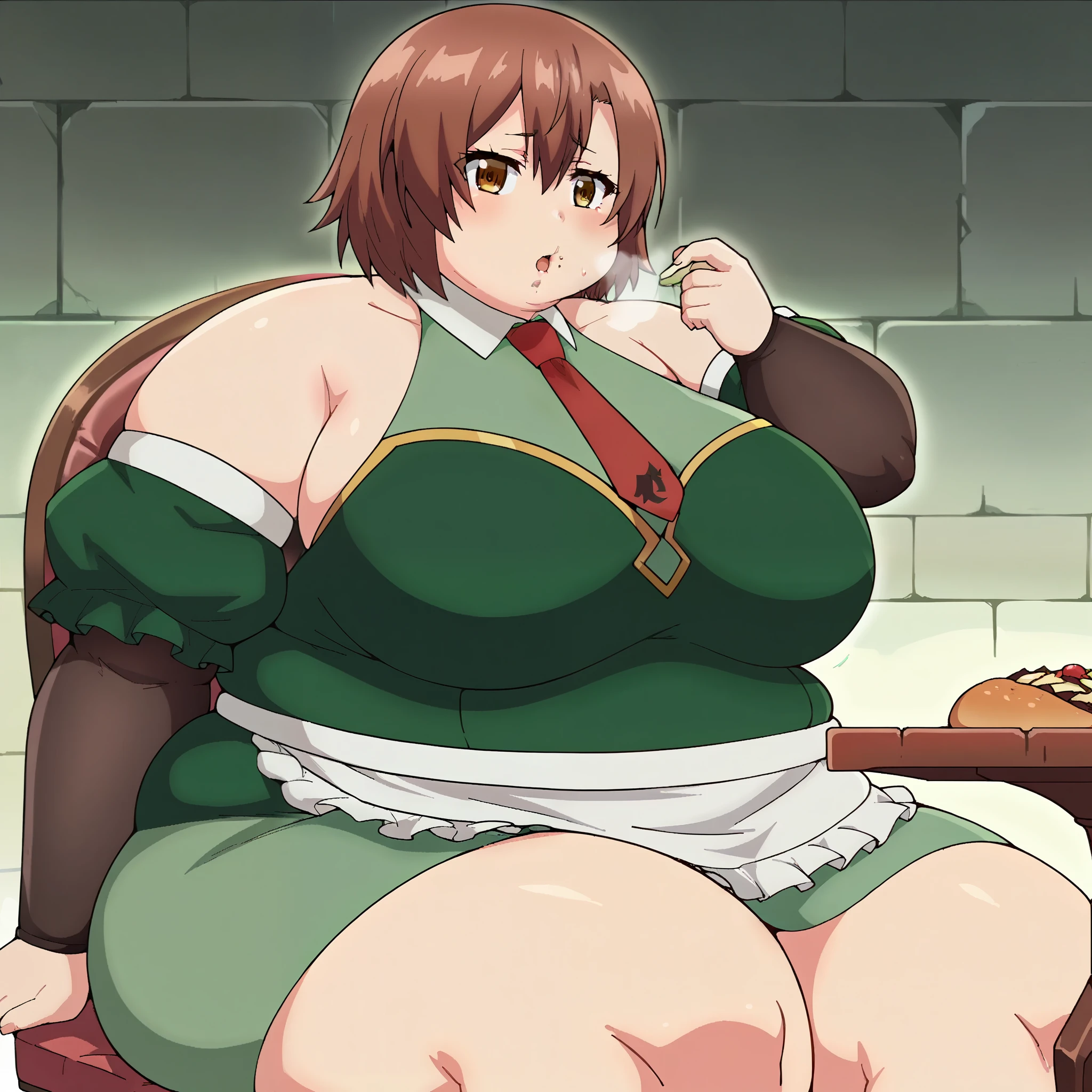 lola metrose, brown_hair, short_hair, 1girl, brown_eyes, solo, hair_between_eyes, ,    , bare_shoulders, necktie, detached_sleeves, green_dress, white_apron, looking at viewer, cowboy shot   score_9, score_8_up, score_7_up, , anime coloring ,BREAK source_anime, anime fat, chubby, obese, gigantic arms and legs, large breasts open mouth, out of breath, sitting down on chair, eating, eating like a pig