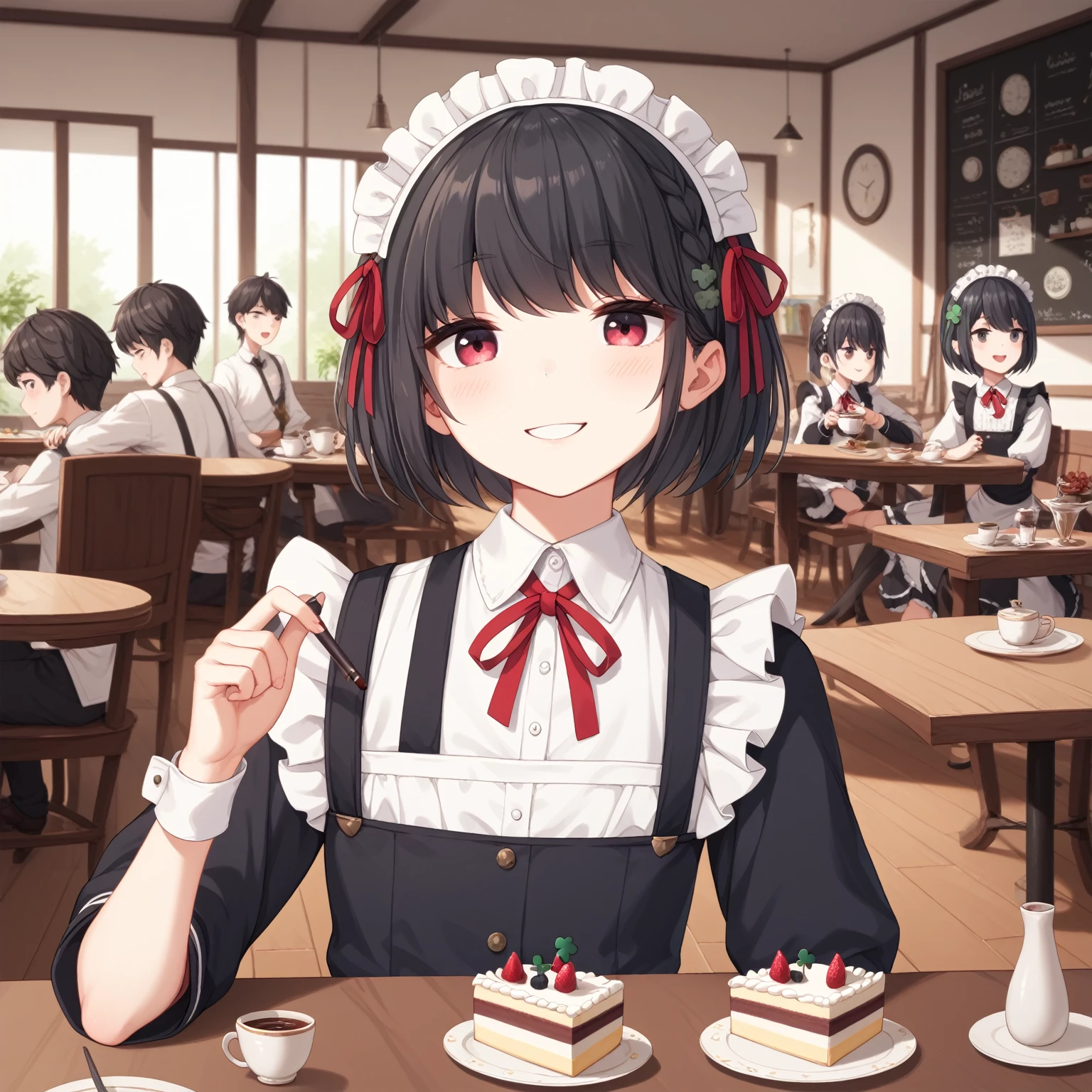  (8k), (  very detailed), (   best illustration   ), Cafe。   maid outfit 。. flat chested。 Short Hair 。  big red ribbon barrette。Four leaf clover in hair 。adult。 black hair。Shima Rin, cake。Four leaf clover in hair。 Short Hair 。Black tea。 drinking wine 。Being drunk。smile。