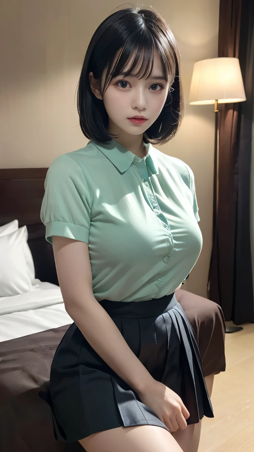 masterpiece, best quality, illustration, Super detailed, fine details, High resolution, 8K,wall paper, perfect dynamic composition,(Details High quality, realistic depiction of eyes:1.3), standing, short hair, (wavy hair:1.2), (Oversized_Shirt:1.2)、Oversized_Shirt, Layered Cut, black hair color, Big Natural Color Lip, hotel room, crying a little、cold gaze, Harajuku style、20 year old girl、cute type、lolita, Gravure Idol, full body photo、focus on crotch, huge breasts