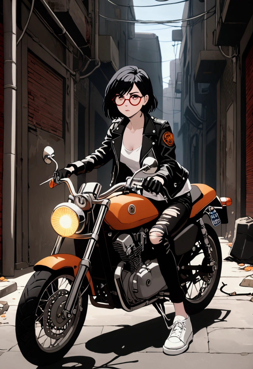 A girl with pale skin, ruby red eyes,  short black hair with an orange tuft, with a black leather jacket, a short white shirt, Black ripped pants,  white shoes , round glasses,  on a motorcycle , with finger-less gloves , Heads a scar on her right eye , In the background an alley