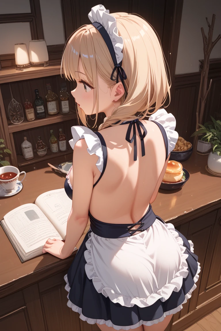 (from above:1.2),(from side:0.9),(A masterpiece of image quality in 8K),(Beautiful Allafed Woman),(((emphasizing breasts:1.1))),(Dynamic angles),(Dynamic and sexy bending pose:1.3),(sit a chair:1.1),(Short hair in shiny silver and orange inner colors,small full breasts,Disturbance of clothing due to movement,breast slip,(Ponytail twisted buns adorned with elaborate braids and beads,Braided Setup Fishbone Hair,),(see-through bangs),(perky chest:1.1), (pointed chest:1.3), small breasts、(((A white lace apron that shows your bare skin from under your small breasts)))、Blush with embarrassment、Enraptured eyes、A smile that beguiles the viewer、(Look back:1.7)、Look into the photographer,skin glistening with sweat,gazing at viewer,,(Professional Lighting),(8K,masutepiece,top-quality,Ultra-high resolution output image,),(Ultra HD with complex detail image modes),depth of fields,Beautiful hands,Beautiful fingers,Detailed finger features,(Detailed hair features:1.7),detailed facial features,detailed clothes features, (perky chest:1.1), (pointed chest:1.3), seductive weak smiling,(with sparkling eyes and a contagious smile),little open mouth,
