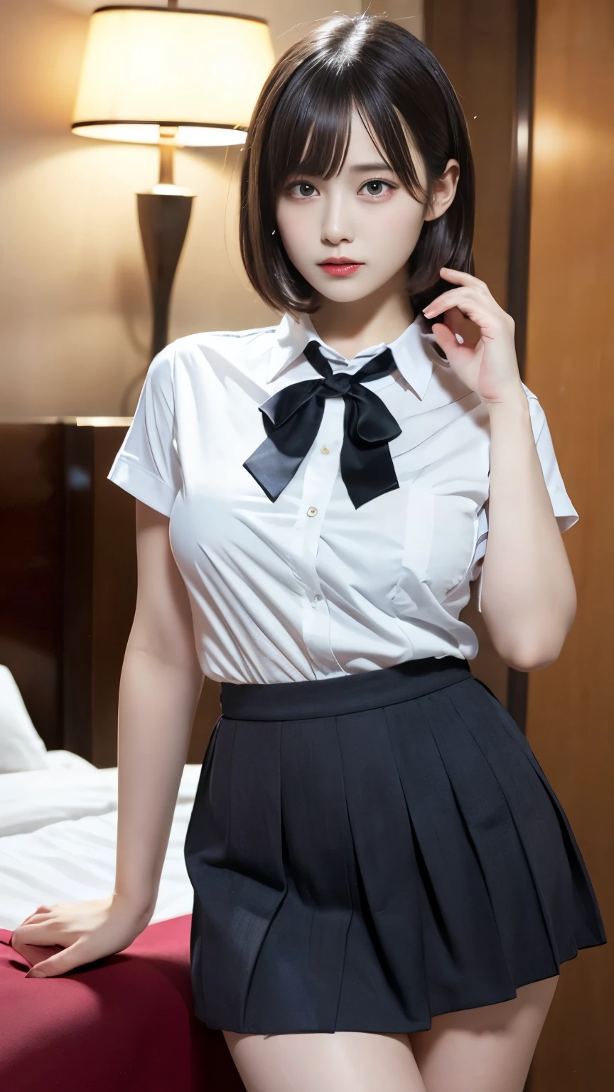 ((top-quality、8K、masterpiece:1.3))、1人、Slender Abs、sofas、hyperdetailed face、A detailed eye、二重まぶた、large full breasts:1.8、neat college girl、short-hair、Straight bob hair、Shorthair with bangs、A smile、Schoolgirl Uniform、Panties are visible from the skirt、a 20 yo woman、Sheer white shirt、Navy blue ribbon at the collar、Dark blue pleated micro mini、Sexy、Peek at the viewer、Beautiful graphics、Bright school building with strong sunlight、Show me your whole body、is standing、Plump panties、White Sox、Lift the hem of the skirt with both hands、Showing white panties、depth of fields、Bokeh in the background、