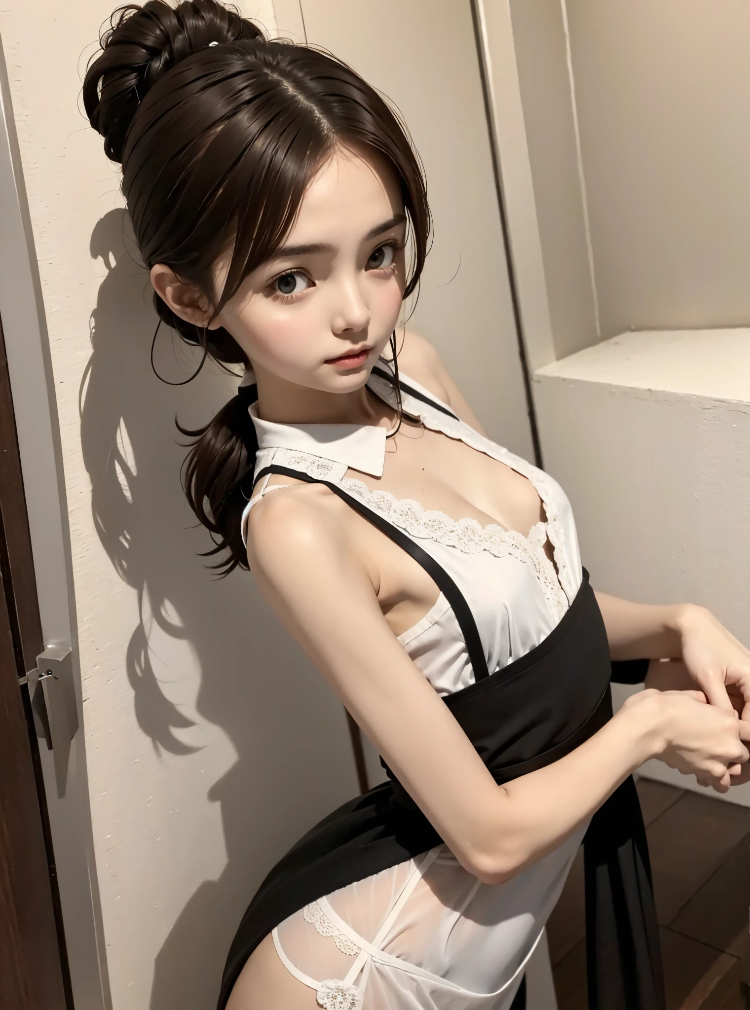 Maid, chignon hair,brown hair,slender body,cute pretty girl