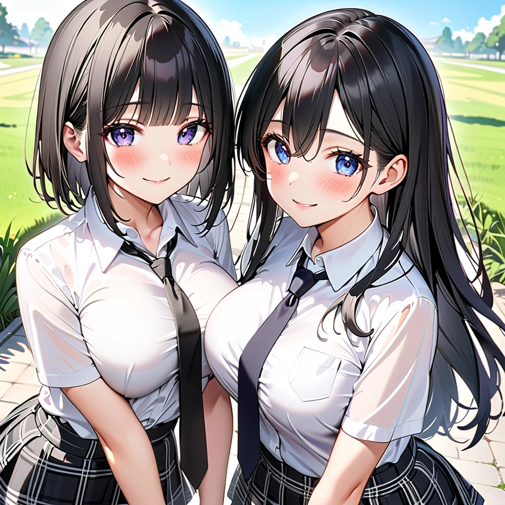 masterpiece、High definition、High resolution、high quality、High resolution、Two teenage women hugging each other、Pompadour、The forehead is visible、Beautiful Lipoist lips、Very large breasts、Courting face、Smiling with teeth showing、((near))、White polo shirt、Bra is see-through、amusement park