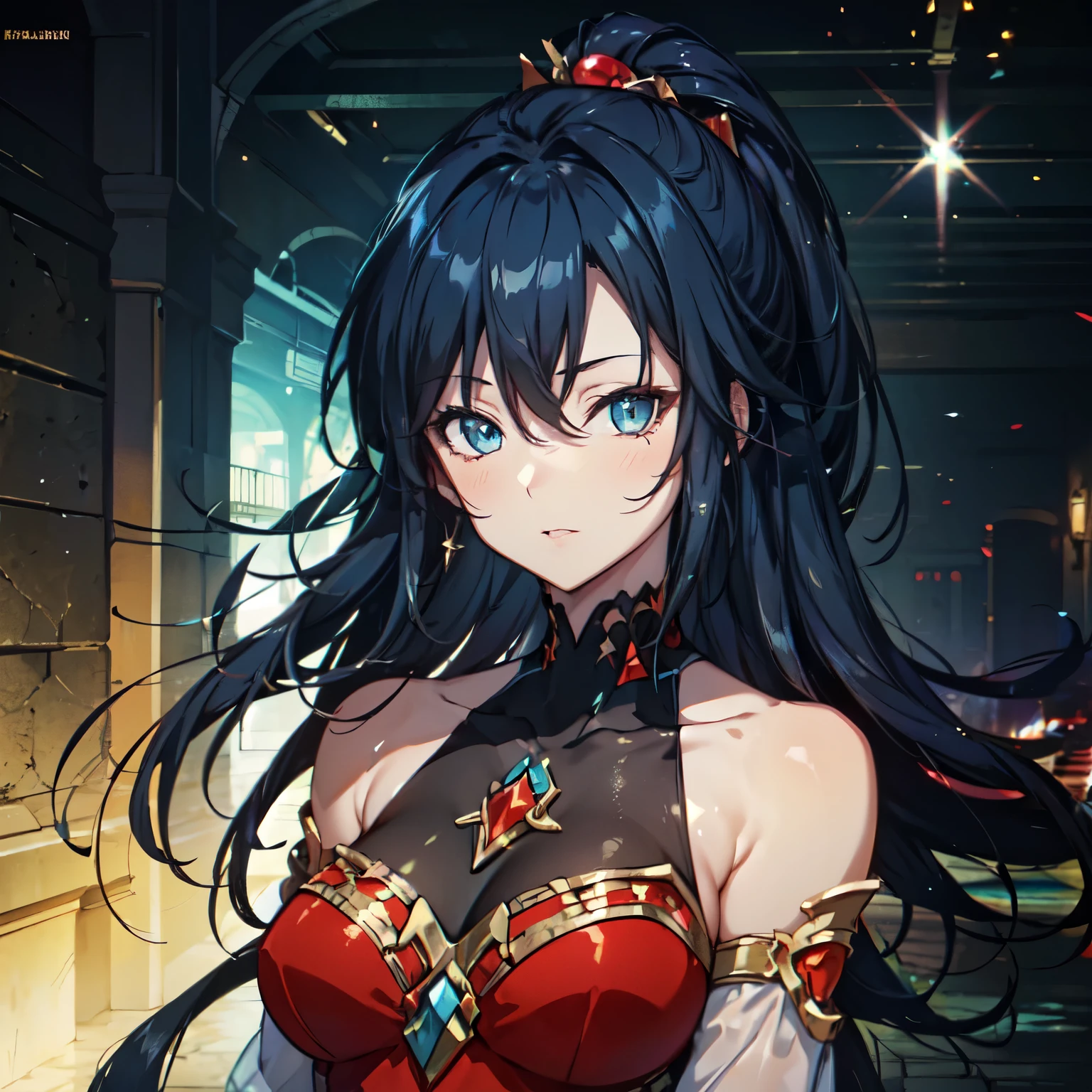 JessicaLangrisser, 1girl, solo, very long hair, blue eyes, medium breasts, black hair, white thighhighs, long sleeves, red dress, cleavage, bare shoulders, collarbone, high ponytail, detached sleeves, side slit, long dress hair_between_eyes, (masterpiece:1.1), (best quality:1.1), 1girl, Real light and shadow, anime face, 4k, 8k, wallpaper,epic, detail texture colored inner hair,ear breathing)))),((blue_eyes:1.3))),intricate eyes,beautiful detailed eyes,symmetrical eyes,big eyes:1.5,(((lustrous skin:1.5,bright skin: 1.5,skin tanned,shiny skin,very shiny skin,shiny body,plastic glitter skin,exaggerated shiny skin,illuminated skin))),(detailed body,(detailed face))