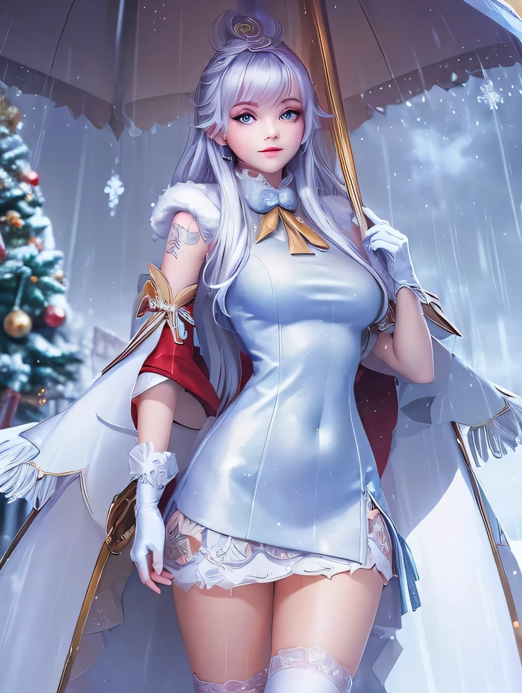 masterpiece, higres, best quality, blurry, sfw, wallpaper, fairy_tale, snow, holding a snowflake in arms, snow falls, looking at viewer, white snowy forest, forest, winter, fantasy forest, snow, light, white horse, standing, up_view, Epona_(vindictus), long hair, looking at viewer, (blue eyes:1.2), blonde hair, large breasts, thighhighs, gloves, dress, cleavage, cape, white dress, armor, high heels, white thighhighs, white footwear, shoulder armor, lips, capelet, white headwear, white skirt, warm smile, open mouth, happy, eyes half closed, looking at viewer,    <lora:Epona2_lora-05:0.8>