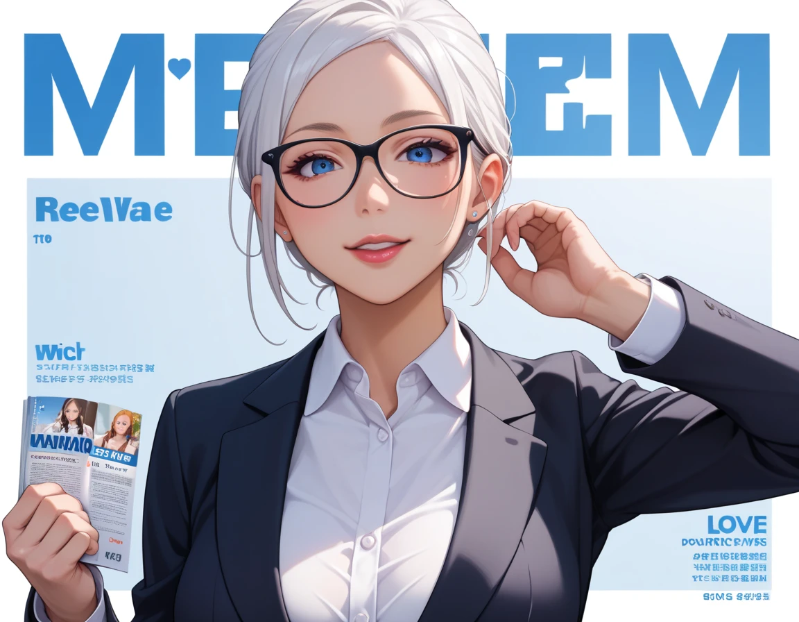 Front cover of a women's cooking magazine, text, diagrams, advertisements, magazine title,  YORIHIME FROM SHIKKOKU NO SHAGA ANIME,BLUE EYES,WHITE HAIR,SUIT,WHITE SUIT,GLASSES,MODEL POSE,ANIME STYLE ART, Anatomically correct, Beautiful face, Perfect face, Highly detailed beautiful face and eyes, Attractive face, Detailed face, Delicate facial features, Detailed skin, BIG breasts, Sensual, Elegant, Glamor, Bitch, Slut, Whore, Voluptuous, Seductive, Glamor, Love handle, SLIM BODY, 