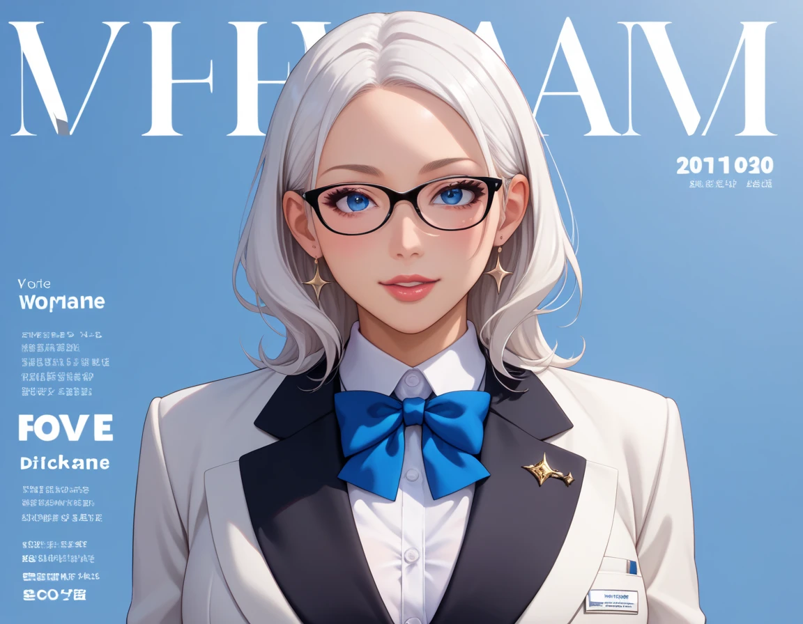 Front cover of a women's cooking magazine, text, diagrams, advertisements, magazine title,  YORIHIME FROM SHIKKOKU NO SHAGA ANIME,BLUE EYES,WHITE HAIR,SUIT,WHITE SUIT,GLASSES,MODEL POSE,ANIME STYLE ART, Anatomically correct, Beautiful face, Perfect face, Highly detailed beautiful face and eyes, Attractive face, Detailed face, Delicate facial features, Detailed skin, BIG breasts, Sensual, Elegant, Glamor, Bitch, Slut, Whore, Voluptuous, Seductive, Glamor, Love handle, SLIM BODY, 