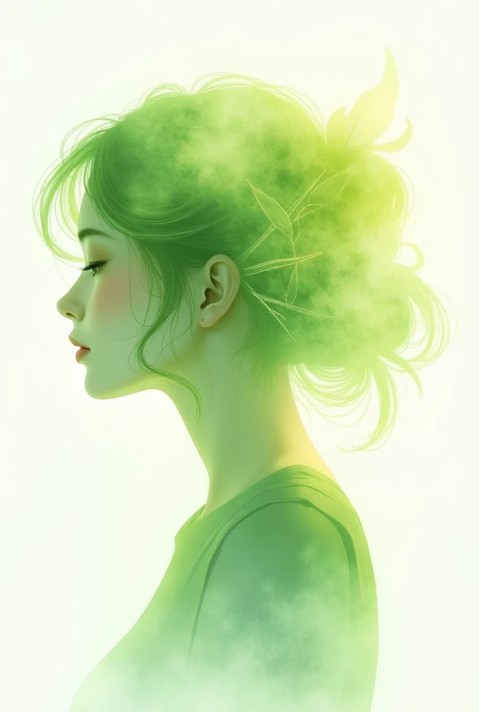 1girl, invert color,glow line, invert outline,glow,shine,minimalistic illustration, green leaves, semi-transparent, soft gradients, delicate veins, light white background, soothing composition, natural beauty, botanical theme, watercolor effect, airy and serene, soft digital airbrushing