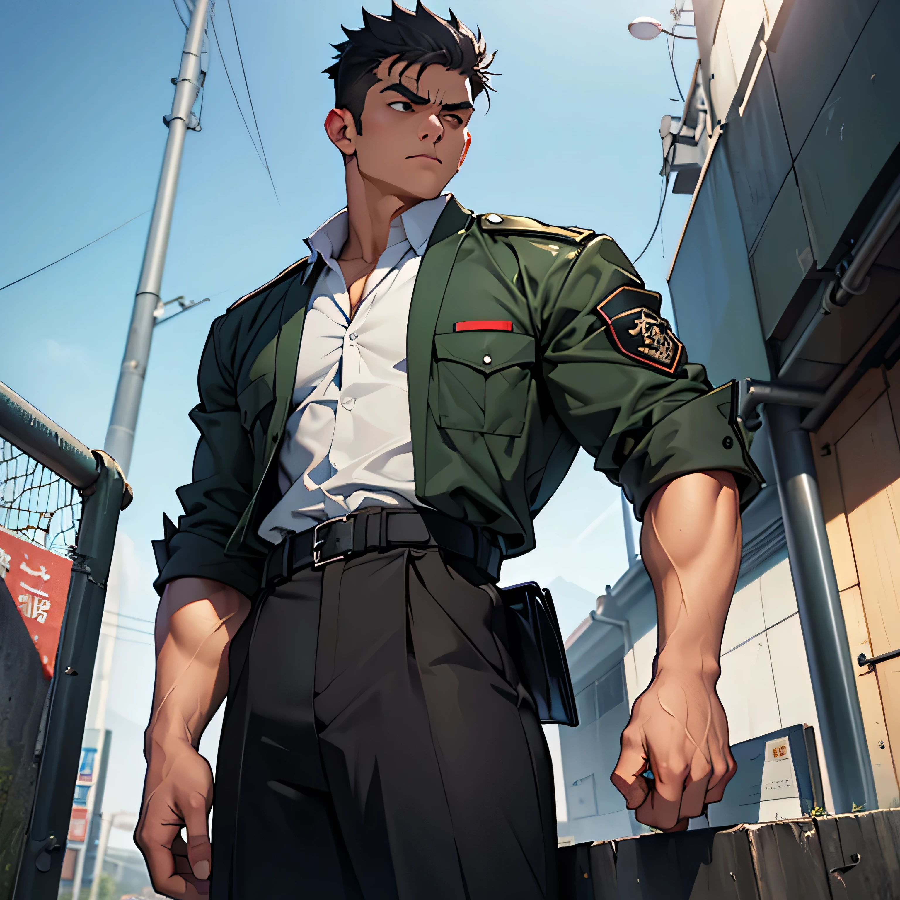 Age 25,, Dark green military uniform、 black slim pants  , black belt、cool battle pose、Spread your legs wider,black belt,logic, Gay , black hair, short hair on the side of the uniform, thick eyebrows,The eye is a blind spot、 Lightly Set Your Hair with Wax 、Masculine,salaryman,Mob characters,bad student、View from below　Menacing look　 face up