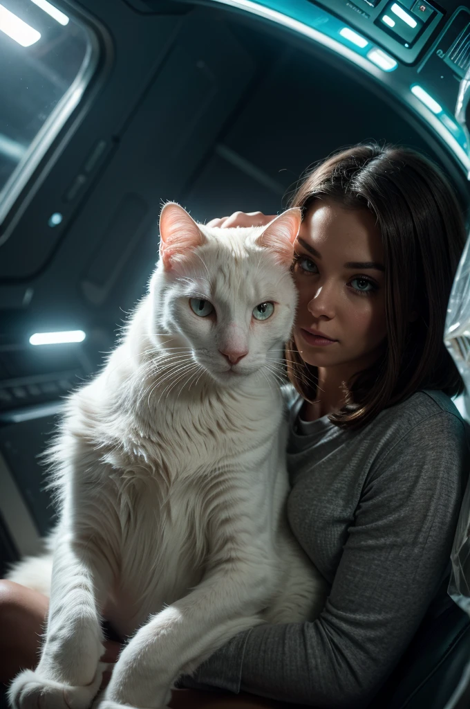 A close-up portrait of a white cat with a brunette girl in a parallel universe, hyper detailed, cinematic, dramatic lighting, intricate sci-fi environment, neon lights, floating islands, alien architecture, glowing crystals, volumetric fog, futuristic, highly detailed, photorealistic, 8k, masterpiece, award winning, cinematic composition, dramatic angles, mood lighting, epic scale, sense of wonder, awe-inspiring