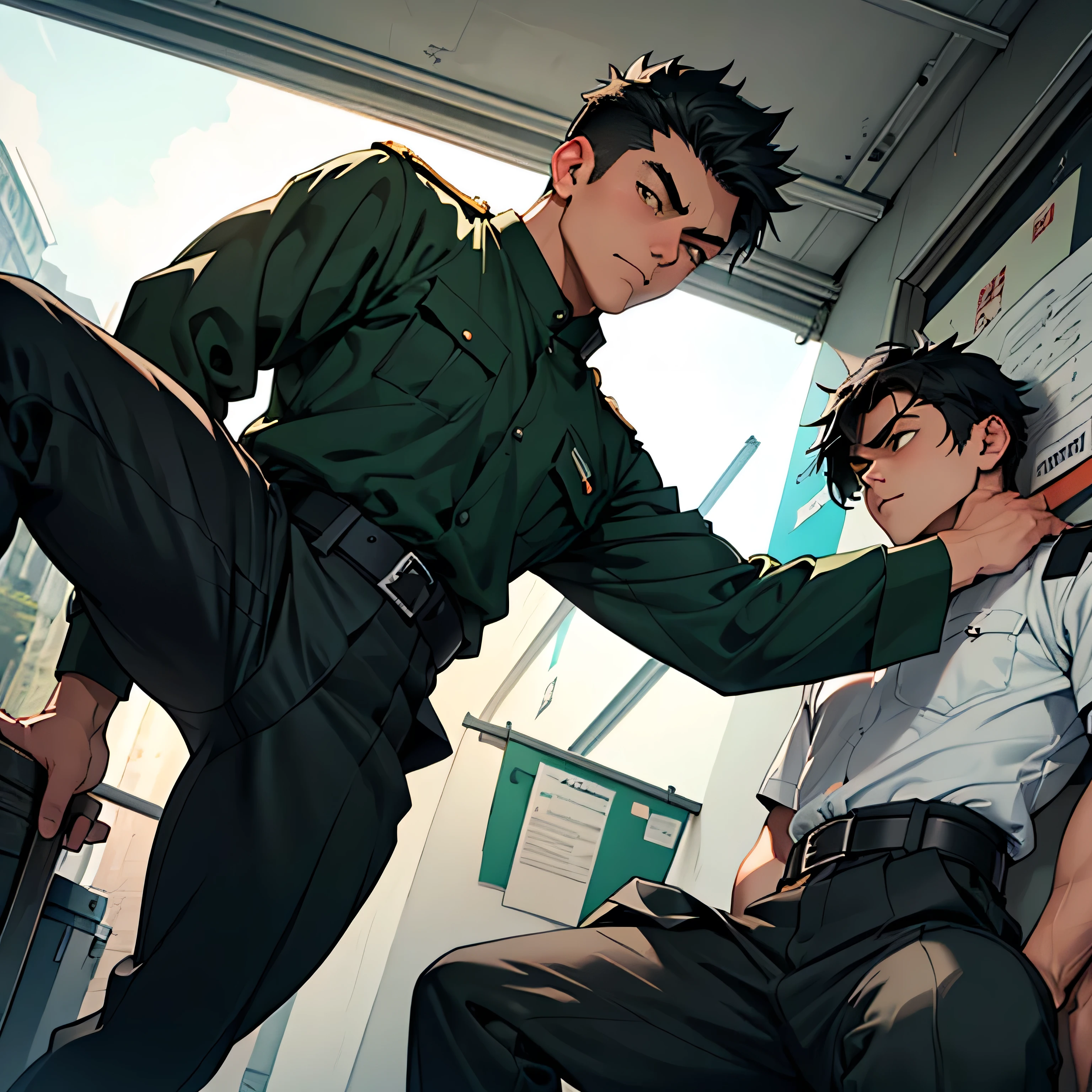 Age 25,, Dark green military uniform、 black slim pants  , black belt、cool battle pose、Spread your legs wider,black belt,logic, Gay , black hair, short hair on the side of the uniform, thick eyebrows,The eye is a blind spot、 Lightly Set Your Hair with Wax 、Masculine,salaryman,Mob characters,bad student、View from below　Menacing look　 face up