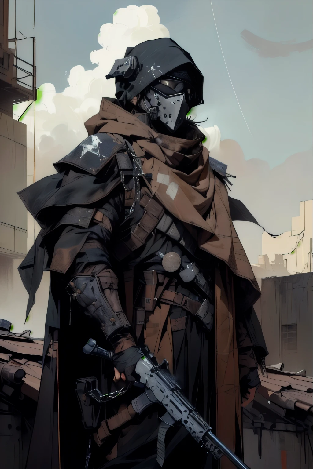 a person on a rooftop, standing to the right, militia/soldier, at attention, wearing tattered matching robes, has a black mask with a chain veil attached to it that completely conceals face, wears a right cowl, goggles, hood, has torn and tattered robes underneath scrappy leather armor, tattered shoulder cape similar to a simar, holding a rifle under their arm, leather wrap bracers around forearms. flat shading, drawing outlines, apocalyptic