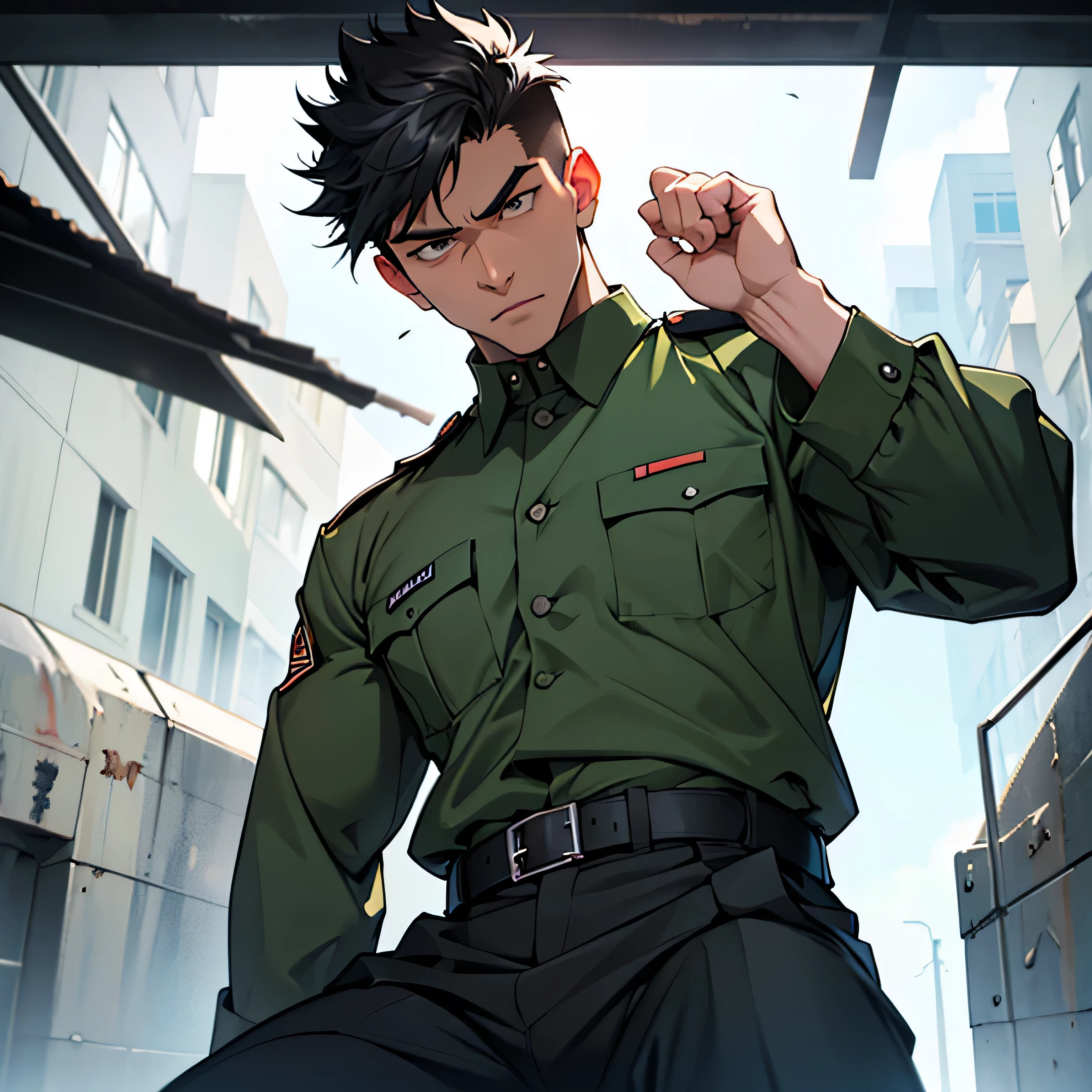 Age 25,, Dark green military uniform、 black slim pants  , black belt、cool battle pose、Spread your legs wider,black belt,logic, Gay , black hair, short hair on the side of the uniform, thick eyebrows,The eye is a blind spot、 Lightly Set Your Hair with Wax 、Masculine,salaryman,Mob characters,bad student、View from below　Menacing look　 face up