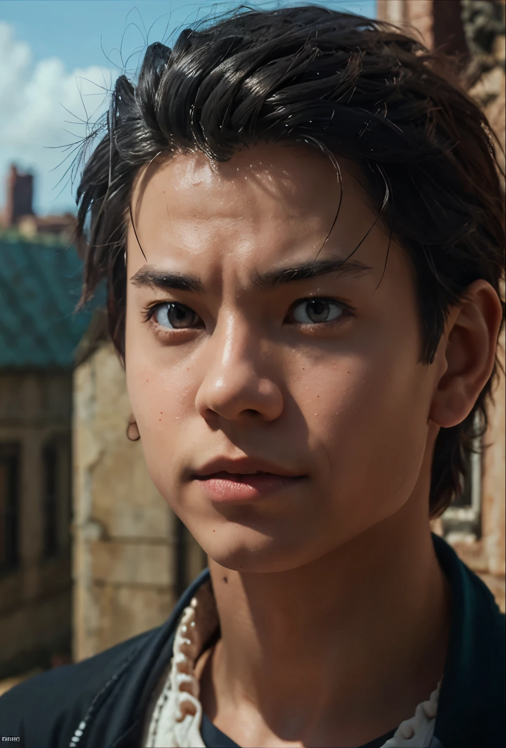 Masaki Suda as Natsuki Subaru, 1boy, highly detailed face, expressive eyes, sharp facial features, detailed portrait, anime style, fantasy landscape, dramatic lighting, cinematic composition, vibrant colors, digital art, extremely detailed, 8k, photorealistic, masterpiece