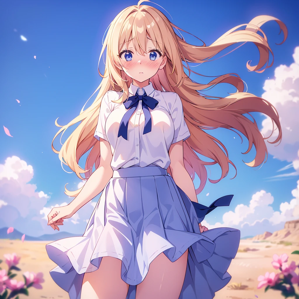 ((European pre-teen)), beautiful girl, light blue eyes, white t-shirt with exposed shoulder, tiny blue pleated skirt, no panties, realistic vagina, close-up from thighs to face, shot from below, very light skin, very long hair , wavy hair, blonde hair, ancient temple, sunrise, photorealistic, indirect lighting, volumetric light, ray tracing, hyper-detailed, best quality, ultra-high resolution, HDR, 8k