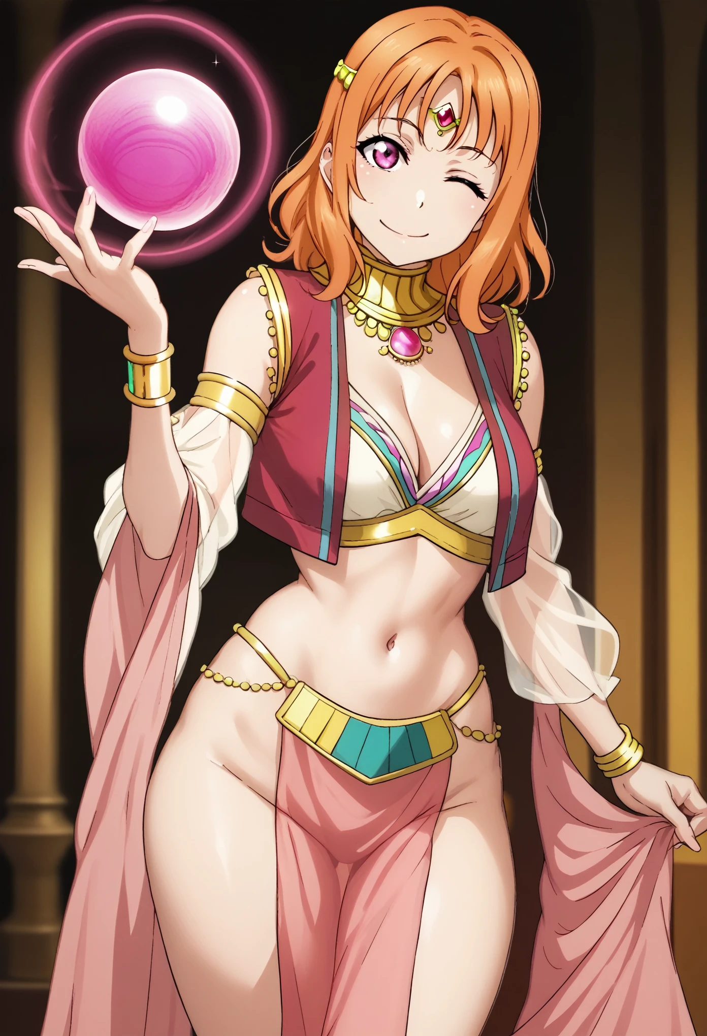 masterpiece, best quality, love live art style, takami chika , orange hair, medium hair, pink eyes, side braid, circlet, open cropped vest, Arabian jewels ,neck ring, see-through sleeves, magic ball, smile, closed mouth ,wink,RUKIA Style, cleavage, cowboy shot,see-through pelvic curtain