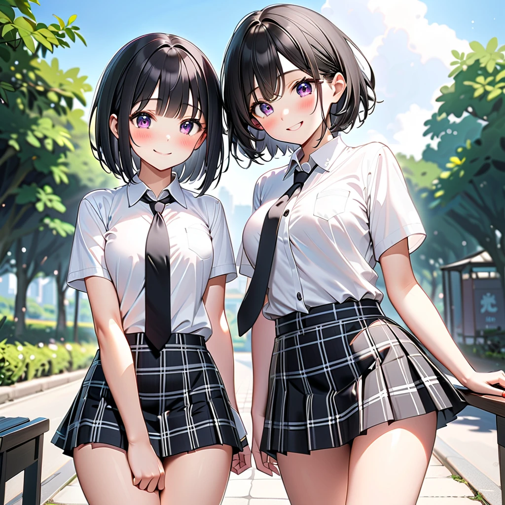 ((Highest quality, masterpiece, freak, Super Resolution)), 2People Girls、Black hair ponytail、Black hair twin tails、ribbon、Sitting on the steps in front of the station、 (Spread your legs)blush、from the front、(Denim tight mini skirt、Ultra mini skirt)、Purple lace panties、