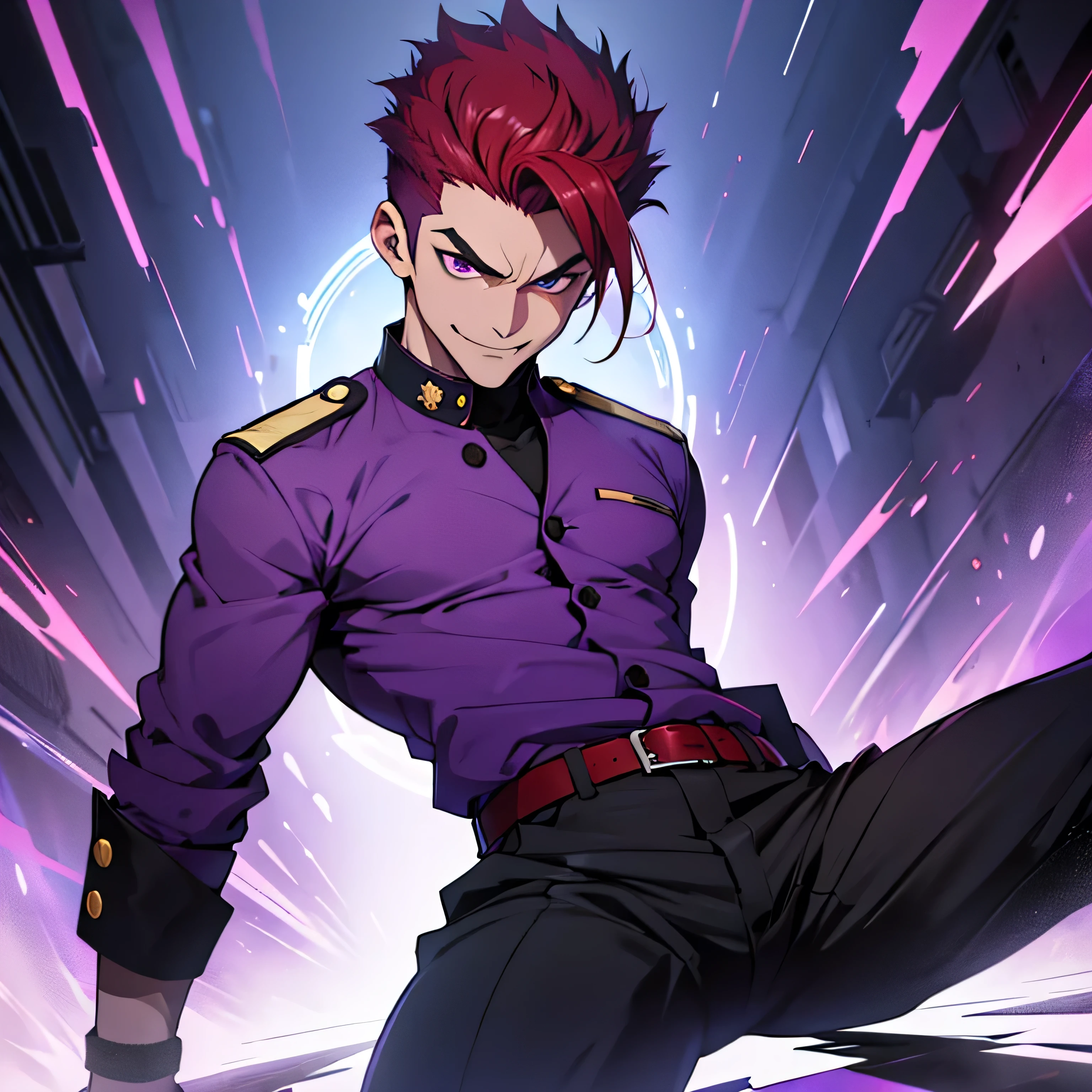 Age 25,,PURPLE GAKURAN, Purple Shirt、 black slim pants ,cool battle pose、Spread your legs wider,black belt,logic, Gay , red hair, short hair on the side of the uniform, thick eyebrows,The eye is a blind spot、 Lightly Set Your Hair with Wax 、Masculine,salaryman,Mob characters,bad student、View from below The villain's smile face up